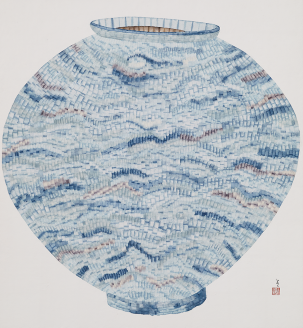 김보영,달을 담다 (20220424-01), 2022, 한지에 천연염색,콜라주, 백토, 98 x 90cm